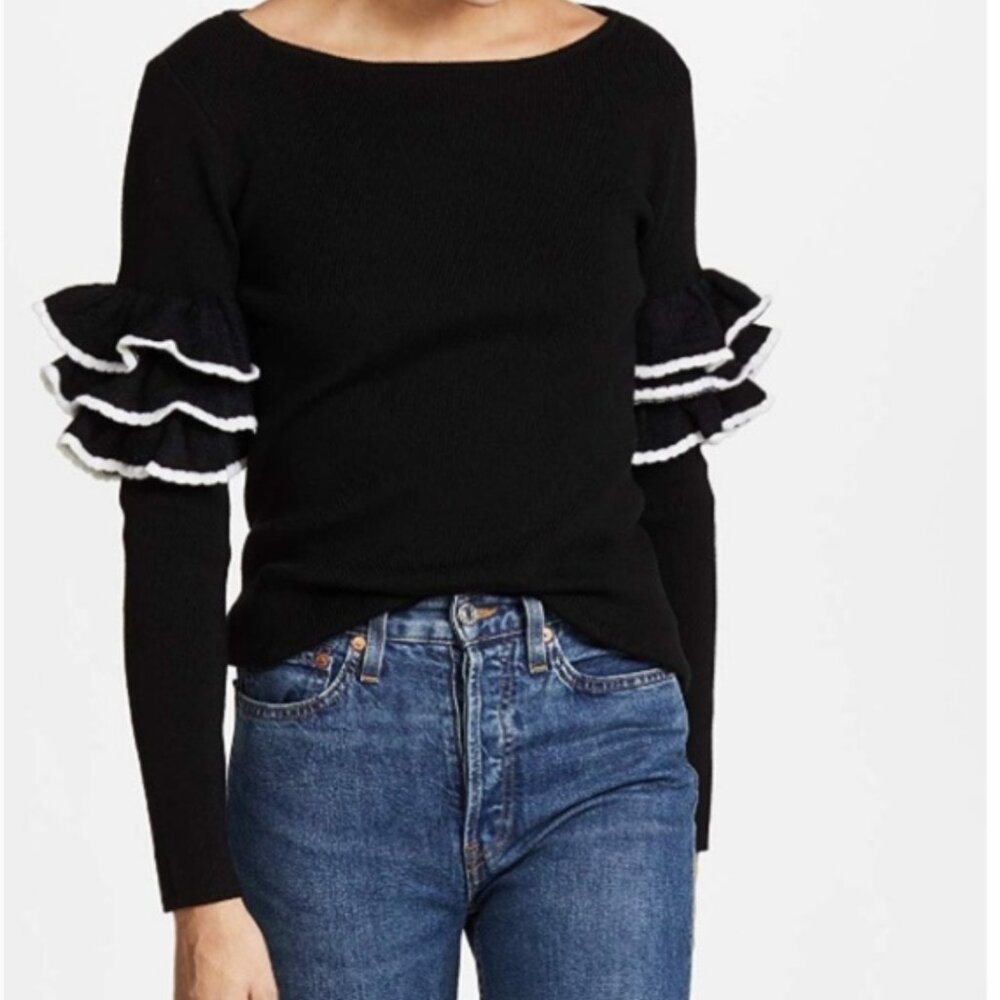 Club Monaco Black and White Feleesha Wool Ruffle Sleeve Sweater